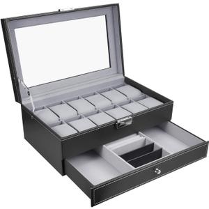 Leather Watch Box 12 Mens Watch Organizer with Jewelry Display Drawer Lockable Watch Case Organizer, Black