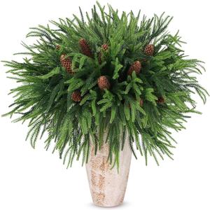 16 Pcs Christmas Greenery Pine Branches, 18" Fake Norfolk Pine Stems and 10 Pack Pinecone Stems, Real Touch Norfolk Pine Evergreen Garland for Winter Xmas Indoor, Front Porch Home Decoration
