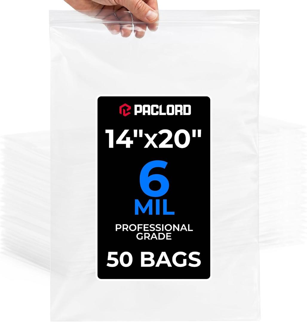 14" x 20" Large Reclosable Plastic Zip Bags, 50 Count