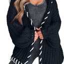 Womens 2024 Hooded Cardigan Sweaters Chunky Knit Stitch Edged Batwing Sleeve Fall Winter Loose Outerwear Coats Black (Black, L)