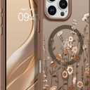 DOMAVER for iPhone 15 Pro Case, Magnetic Phone Case for iPhone 15 Pro [Compatible with MagSafe] Slim Fit Flowers Floral Design Shockproof Protective Bumper Women Men Girls Cover- Brown