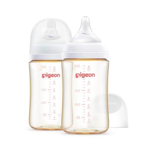 Pigeon PPSU Nursing Baby Bottle Wide Neck, Anti-Colic, Streamlined Body, Natural Feel, Easy to Clean, 8.1 Oz (Pack of 2), Includes 2pcs M Nipples (3m+)