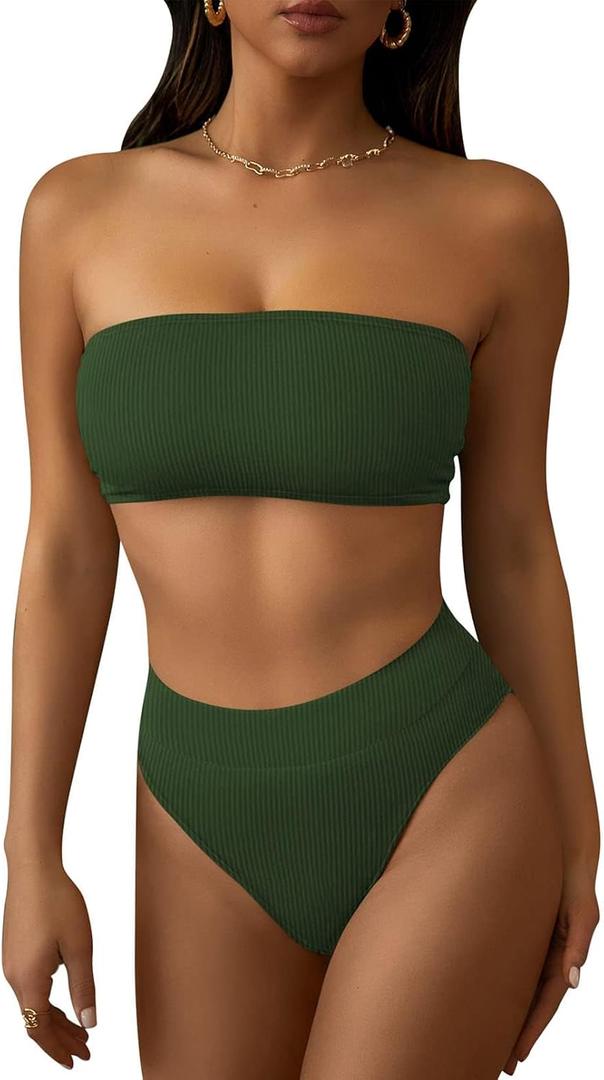 Pink Queen Women's Ribbed High Waisted Bikini Set Removable Strap Bandeau Swimsuit (M)
