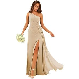 YMSHA One Shoulder Bridesmaid Dresses with Slit Pleated Formal Dress for Women YMS336 Size 4, Champagne