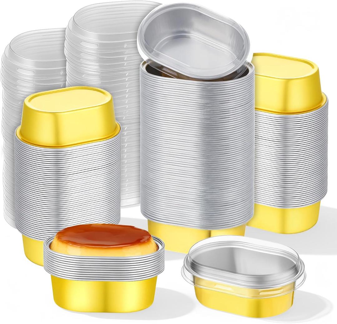 150 Pack Mini Aluminum Baking Cups with Lids, 3 OZ Disposable Ramekins Muffin Liners Containers Cupcake Foil Liners Gold Individual Pie Tin Cup for Dessert Creme Brulee Pudding Cupcake