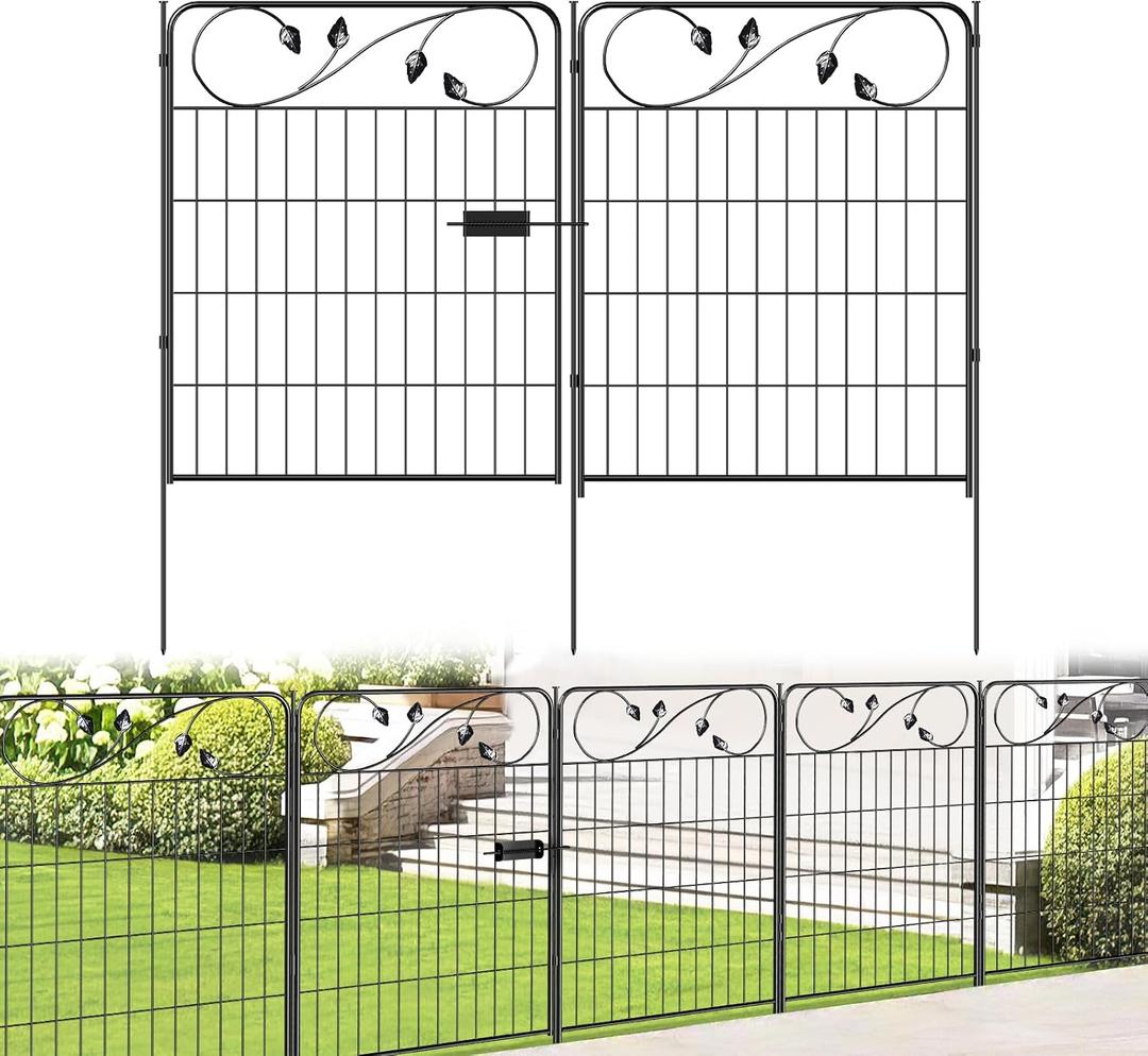 FOREHOGAR Decorative Metal Garden Fence 30in(H) X16ft(L) 1 gate+7 Panels Temporary Dog Fence Border for Landscape Patio Outdoor with gate, No dig Garden Fencing Gates for Yard