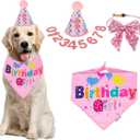 ADOGGYGO Dog Birthday Party Supplies, Pink Girl Puppy Birthday Bandana Hat Numbers Bow Set for Large and Extra Large Dogs (X-Large)
