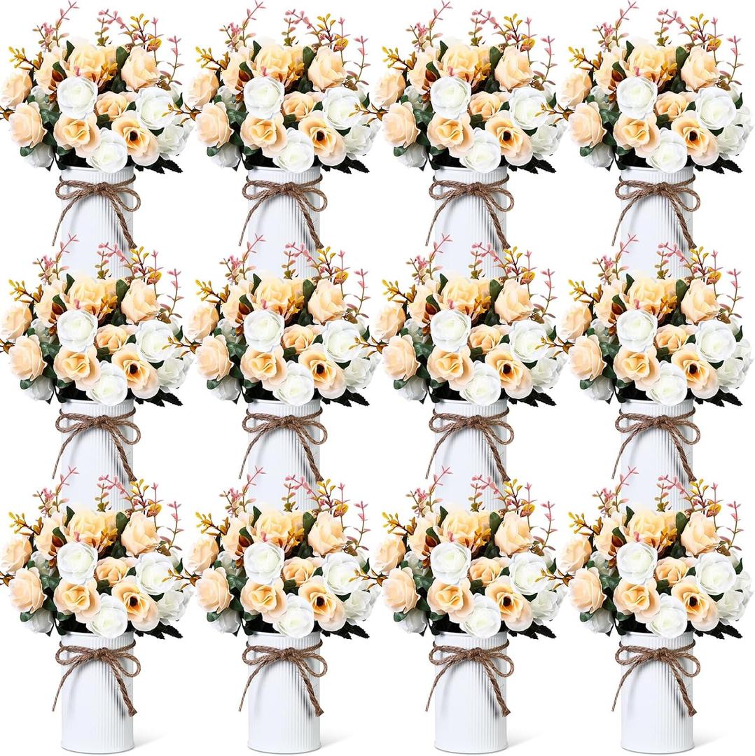Domensi 8 Sets Wedding Centerpiece for Table Artificial Rose with Vase Fake Bouquets and Metal Pot Floral Arrangements for Holiday Party Event Table Decor (Champagne Gold)