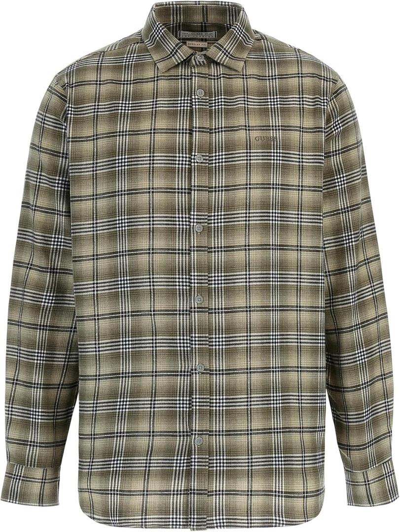 GUESS Men's Long Sleeve Collins Check Shirt (X-Large, Green Faded Check)