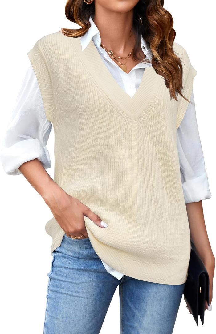 Arach&Cloz Womens Sweater Vest 2024 Fall Winter Knitted V Neck Oversized Casual Cap Sleeve Pullover Tank Tops (Beige, M)