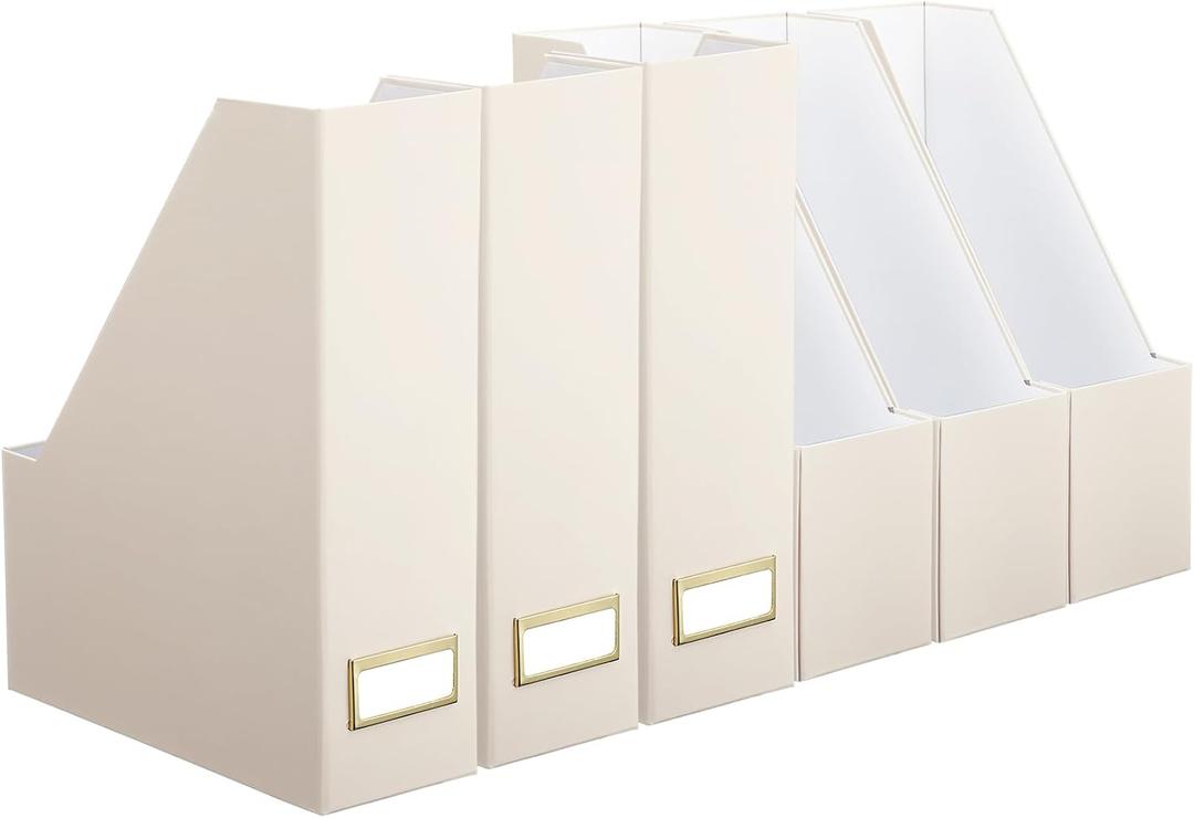 Magazine File Holder Set of 6 Stylish Sturdy Cardboard File Boxes Desk Organizer Beautiful Magazine Holder Rack with Gold Label Holder for Home Office Desktop Bookshelf Classroom(Beige)