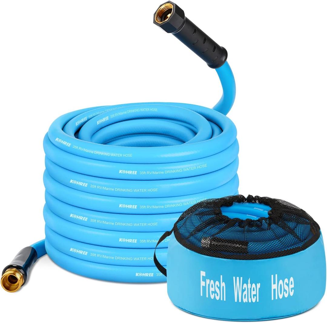 Kohree 35FT RV Water Hose with Storage Bag, 5/8'' Upgraded Drinking Water Hose Leak Free, No Kink and Flexible Garden Hose for RV, Camper, Truck, Car - Blue
