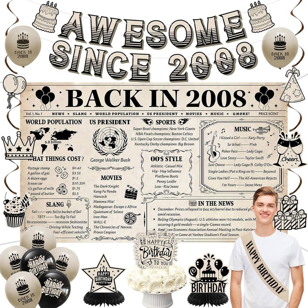 Holkcog 18th Birthday Decorations Kit for Boys, Vintage 25PCS Back In 2008 Backdrop Decor, Banner Cake TopperBalloons for 18th Boys Girls, Awesome Since 2008 Party Supplies, 18 Year Old Girls Gifts