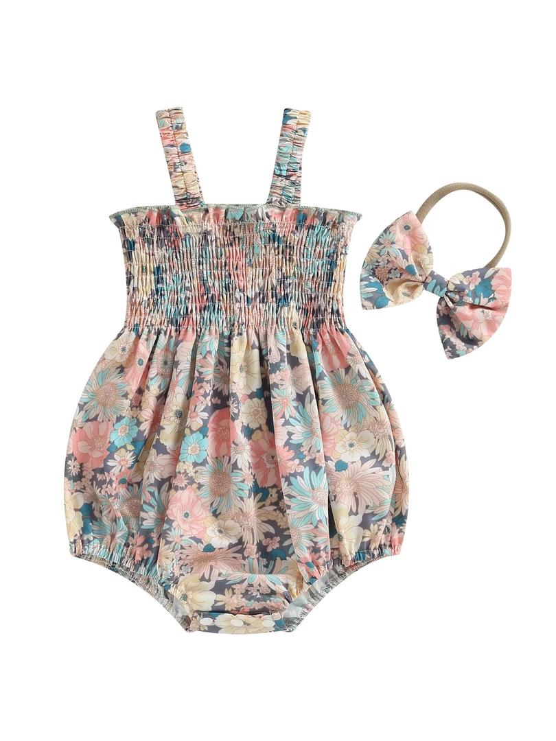 Infant Baby Girl Summer Outfit Clothes Sleeveless Smocked Cotton Linen Romper with Headband