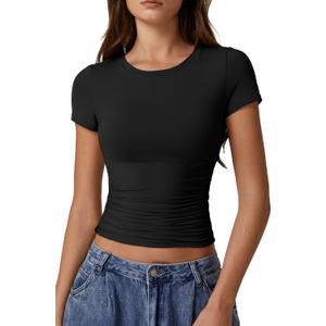 QINSEN Short Sleeve Shirts for Women Round Neck Basic Double Lined Tees Fitted Y2k Crop Tops (Medium, Black)