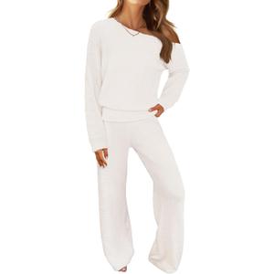 MEROKEETY Women's Fall Pajama Set Fuzzy Fleece 2 Piece Loungewear Off Shoulder Sweater Tops Wide Leg Pants Matching Outfits (X-Large, Beige)