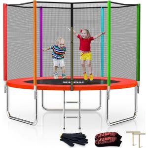 SKOK Trampoline 8FT 10FT 12FT 14FT 15FT Trampolines with Enclosure Net, 400LBS Outdoor Trampolines for Kids with Basketball Hoop-ASTM Approved Trampoline for Children and Adults with Ladder (Colorful)