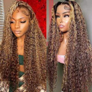 5x5 Highlight P4/27 Brown Jerry Curly Lace Front Wigs Human Hair Dark Brown Jerry Curly Human Hair Wig 200% Density Brown Jerry Curly HD Lace Front Wigs Human Hair, 14 Inch