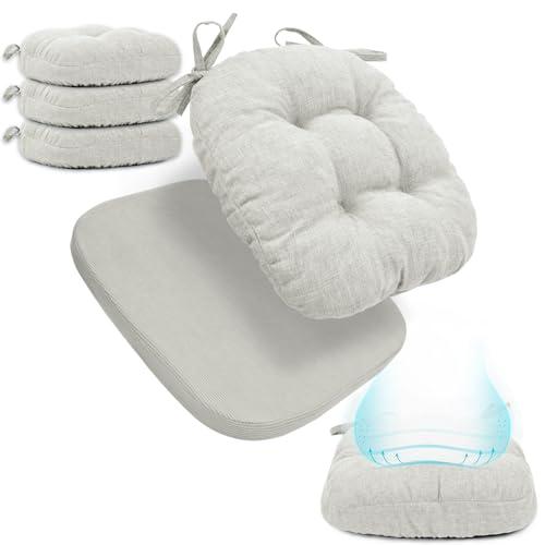 BUYUE Double-Layer Thickened Chair Cushions for Dining Chairs, Natural Latex Foam Support, 2-Faced Reversible Kitchen Seat Cushions, Practical Non-Slip Chair Pads, 4 PCS, Light Grey