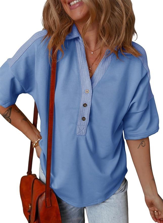 Dokotoo Women‘s Summer Shirts Casual Short Sleeve 1/4 Button Solid Collar Neck Curved Hem Pullover Sweatshirts Tops (Size S, Sky Blue)