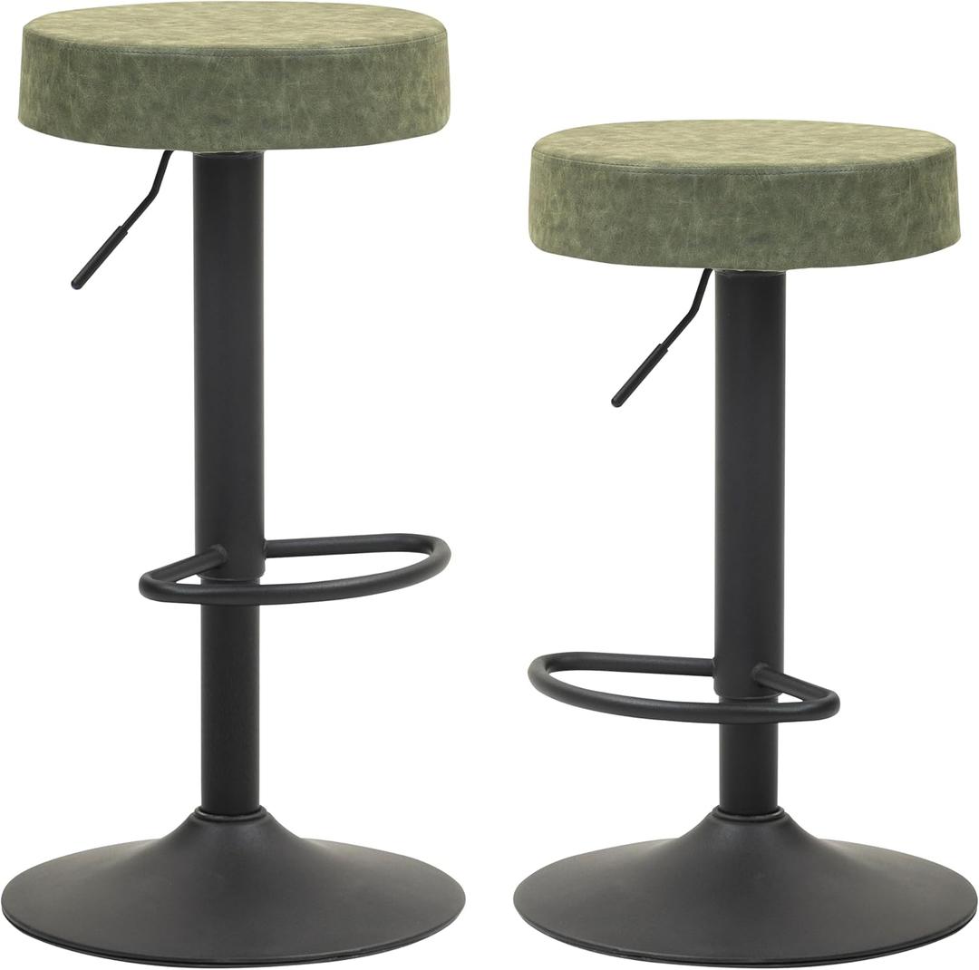 Finnhomy Bar Stools Set of 2 Counter Height, Swivel Barstools with Footrest and Backless Round, Height Adjustable Modern Bar stools for Kitchen, Vintage Leather, Retro Green