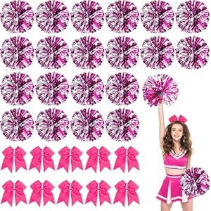 72pcs Large Cheerleader Pom Poms Set Include 48 Pack 12" Metallic Cheerleading Pom Poms Bulk, 24 Hair Bow Cheer Accessorize Stuff for Soccer Football Sport Event Team 