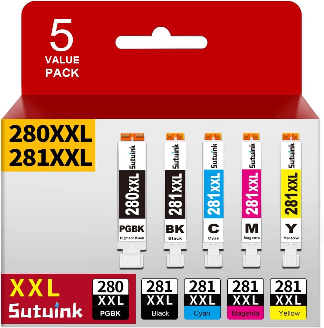280 281 PGI-280XXL CLI-281XXL Compatible Ink Cartridge Replacement for Canon 280 281 XXL Ink to use with PIXMA TR8600 TS9500 TR8622 TR8622a TR8620 TS700 TS6100 TS6120 TR7520 TS6200 Printer (5 Pack) (PGBK,Black,Cyan,Magenta,Yellow)