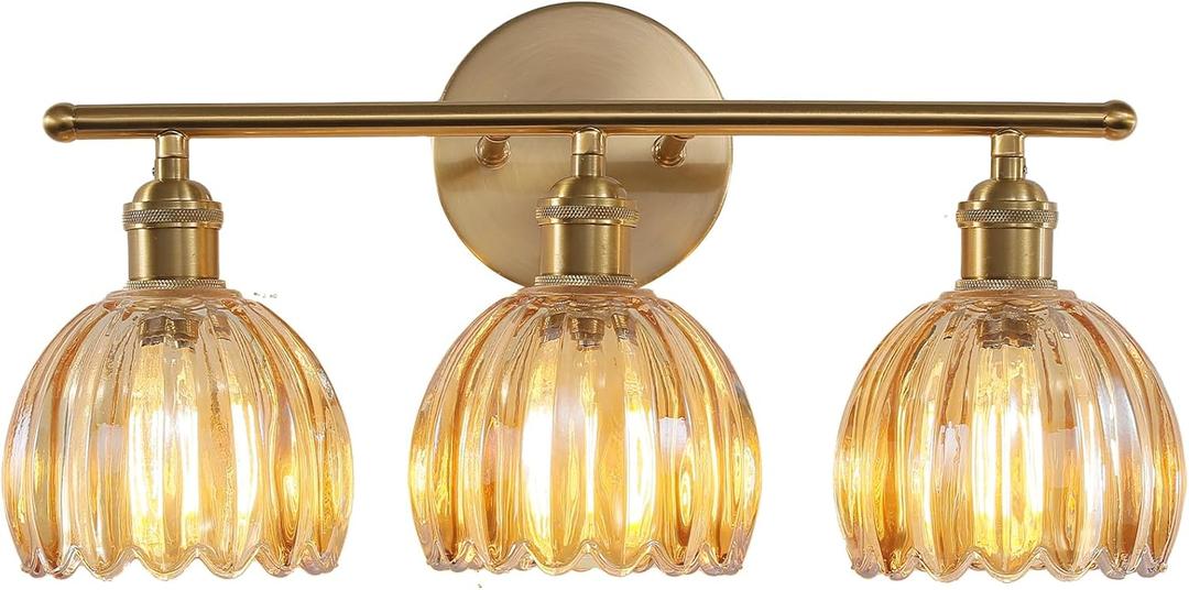 Bathroom Light Fixtures, 3-Light Brass Vanity Wall Light Over Mirror with Amber Tulip Glass Shade for Bedroom Living Room, 3 heads