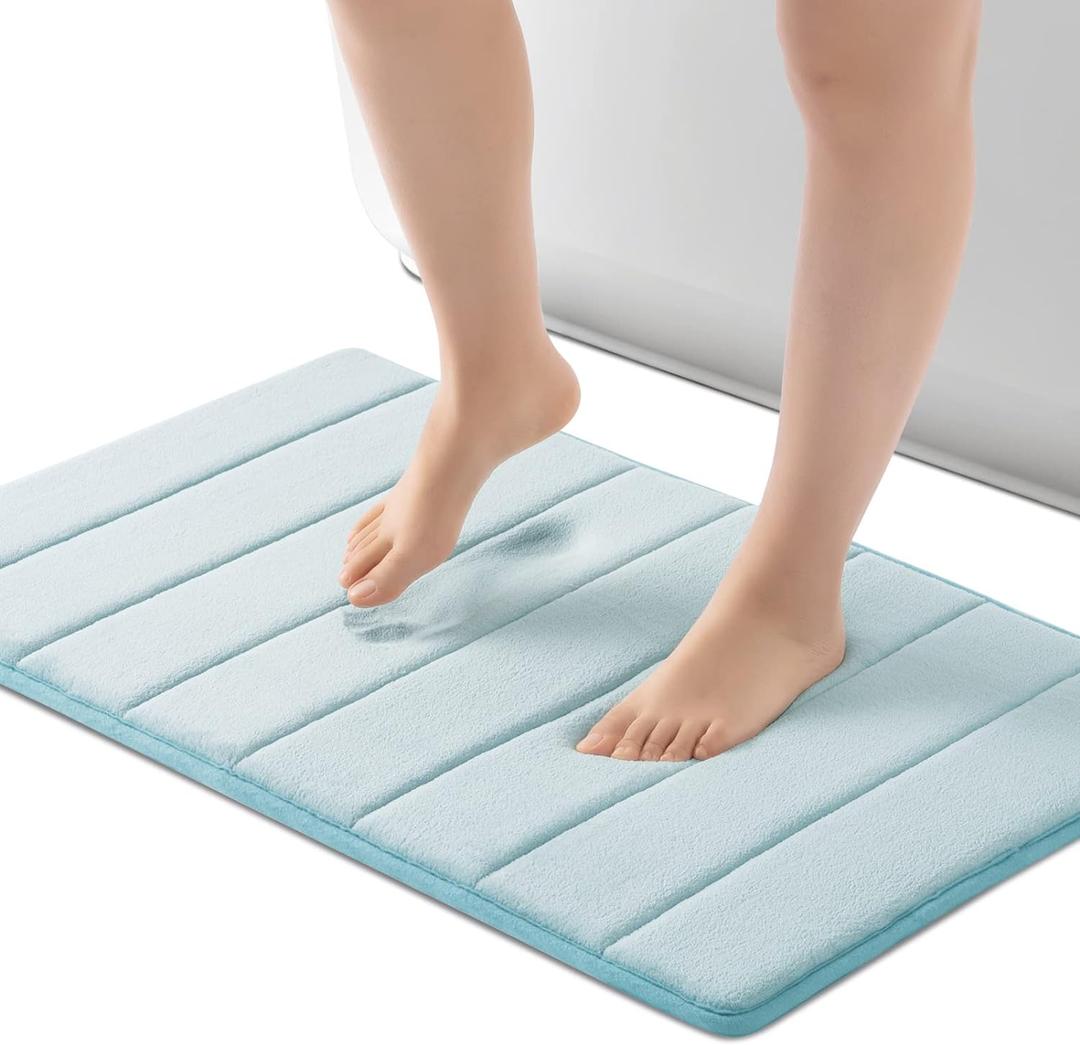 ROSMARUS Memory Foam Bath Mat 17' x 24', Water Absorbent Shower Mat, Thick Non Slip Bath Rugs with PVC Backing, Ultra Soft Bathroom Rugs for Floor & Tub, Aqua Blue