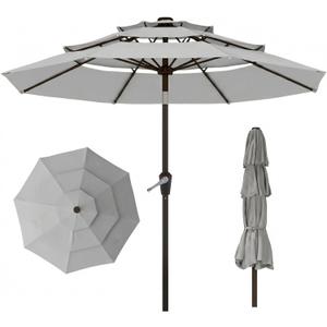 10ft 3 Tier Patio Umbrella, Outdoor Market Table Umbrella with UPF 50+ Vented Canopy, 8 Sturdy Ribs, Easy Push Button Tilt and Crank, Windproof for Deck, Pool, Backyard and Garden