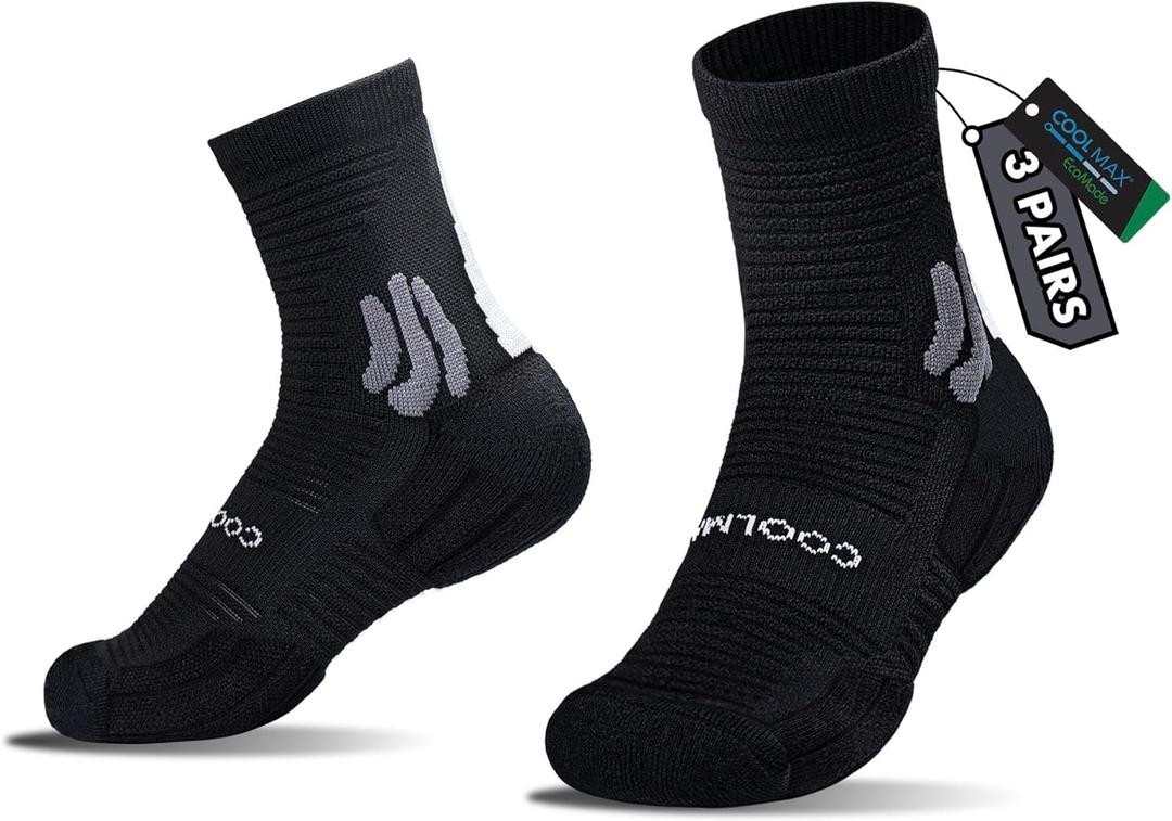BRISIRA Coolmax Bamboo Viscose Kids Socks Compression Athletic Hiking Running Sports Boys Socks Moisture Wicking for Youth (Small, Black-3pack)