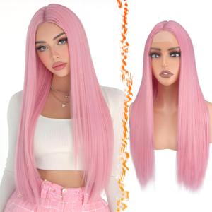 BARSDAR Long Straight Pink Wig - Long Straight Middle Part Pink Wigs for Women - 28 Inch Natural Looking Thick Soft Synthetic Hair Replacement Wigs Daily Party Halloween Wig