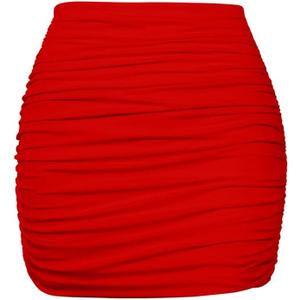 YMDUCH Women's Sexy High Waist Solid Tight Ruched Bodycon Mini Club Skirt (Medium, Red)