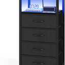 OLIXIS Nightstand with Charging Station, 4 Fabric Drawers Bedside Table, 15.7"Dx11.8"Wx33.6"H