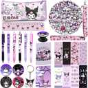 KUROMI School Supplies Gift Set, Including Notebook Pencil Case Pens Stickers Button Pins Lanyard Keychain Ruler Bookmarks Phone Ring Holder