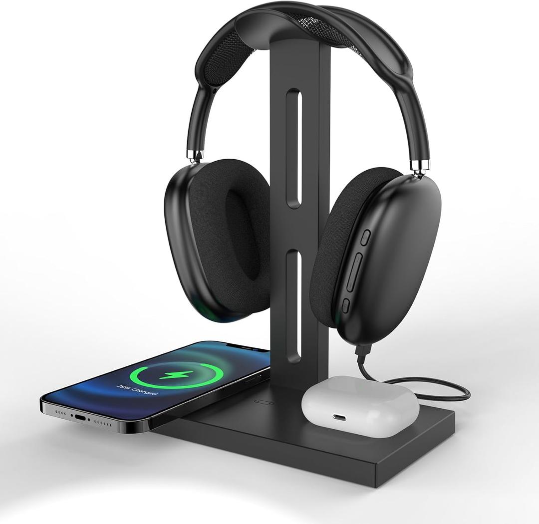 3 in 1 Headphone Stand with Wireless Charger 15W,Ideal Gifts for Gamers & Music Lovers,Compatible with iPhone,AirPods,AirPods Max,Essential Headphone Accessories (Black)