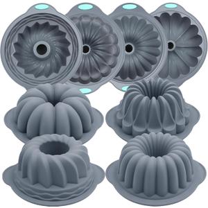 Tongjude 4 Pieces Silicone Fluted Tube Cake Pans, 7 Cups Tube Baking Pan, Jello Mold, Silicone Molds for Homemade Cake, Bread and Jello, Non-Stick, Grey