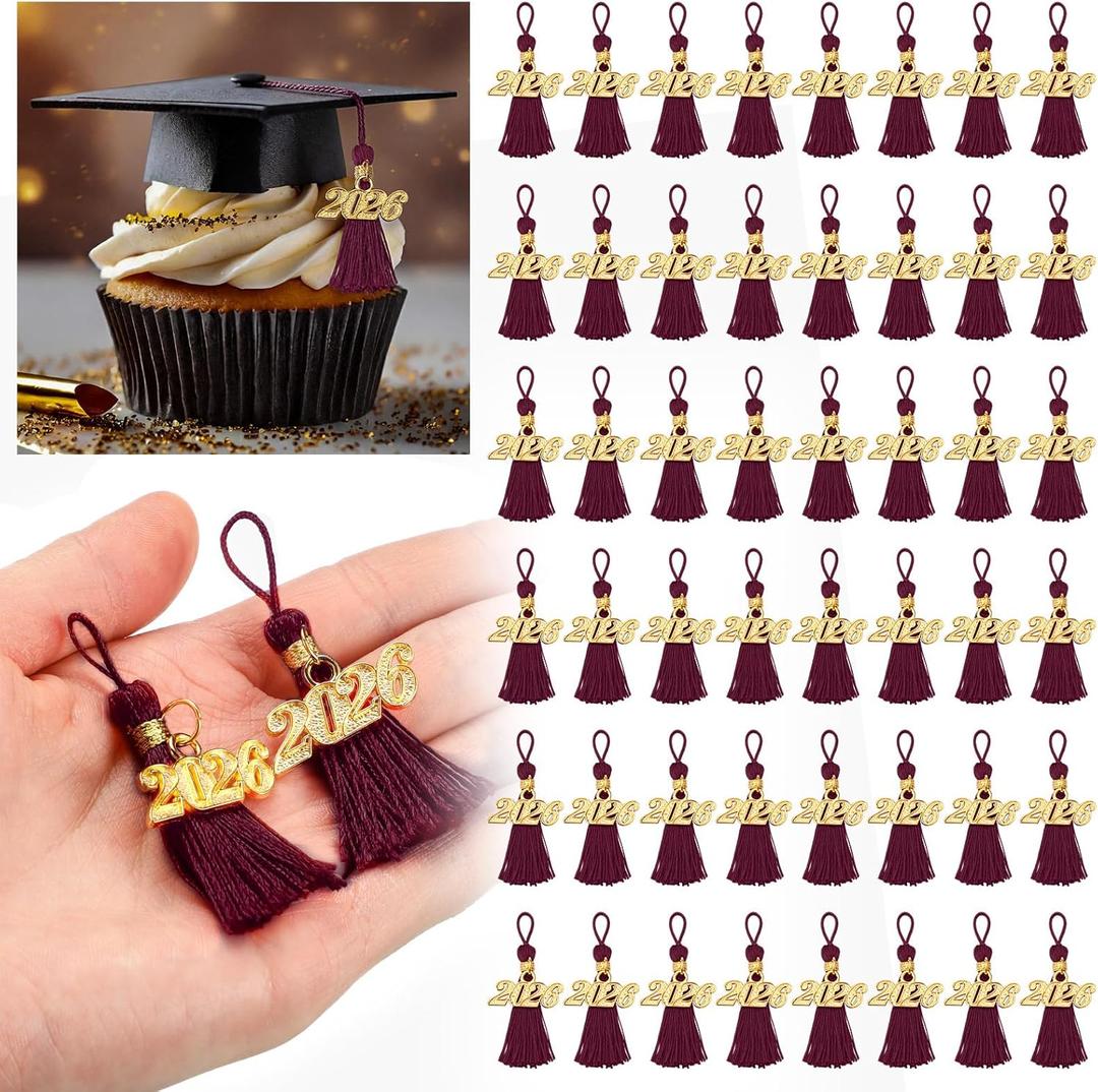 Daifunli 60 Pcs 2026 Mini Graduation Tassels for Craft 2.4inch Tassels Party Favors Mini Bookmark for Graduation Decor, Chocolates Decor, Keychain Making(Maroon)