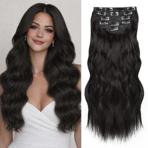 NAYOO Clip in Hair Extensions for Women 20 Inch Long Wavy Curly Brown Black Hairpieces Full Head Synthetic Hair Hairpieces(6PCS,Brown Black)