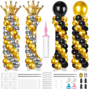 4 Sets Adjustable Balloon Column Stand and Balloon Pump, 9 Feet Metal Balloon Stands for Floor, Balloon Column kit for Baby Shower Graduation Wedding Birthday Party (No Balloons)