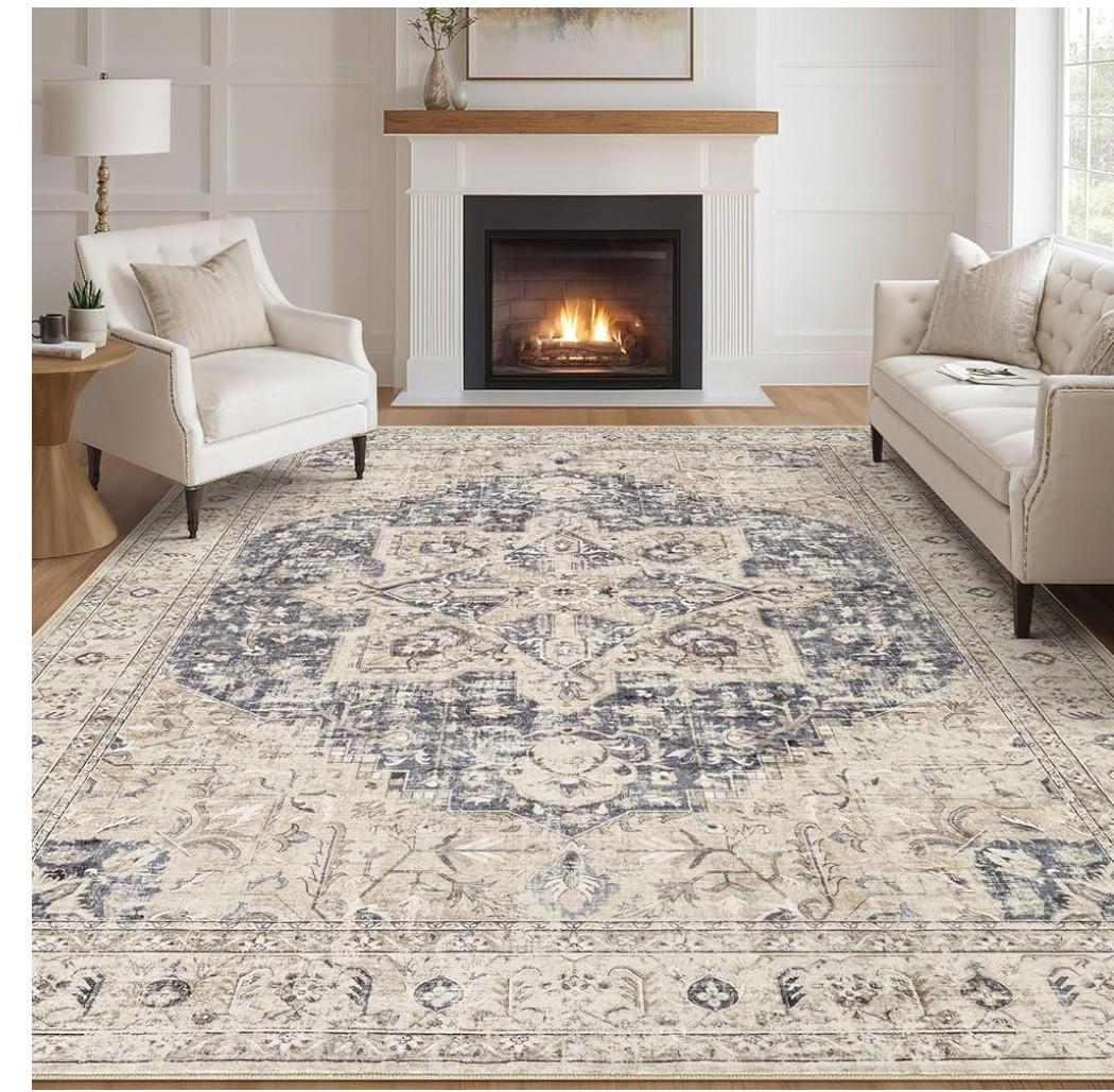 Tortania Area Rug Living Room Rugs - 9x12 Washable Boho Rug Vintage Oriental Distressed Farmhouse Large Thin Indoor Carpet for Living Room Bedroom Under Dining Table Home Office - Cream Blue