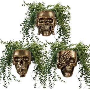 RimCereal 3 Pcs Skull Planter Skeleton Wall Hanging Planter Pot Gothic Spooky Head Face Flower Pot Garden Decor for Festival Party Indoor Outdoor Plants Home Garden Office Decorations(Gold)