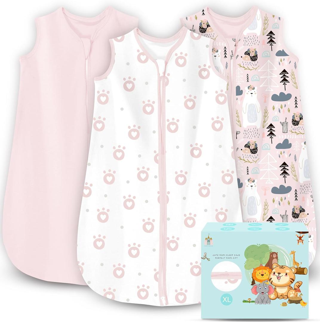 Cute Castle Baby Sleep Sack 18-24 Months - Lightweight 100% Cotton 2-Way Zipper TOG 0.5 Infant Wearable Blanket, Newborn Essentials Toddler Sleep Clothes, 3 Pack(Pink, Bear, Bear Claw)