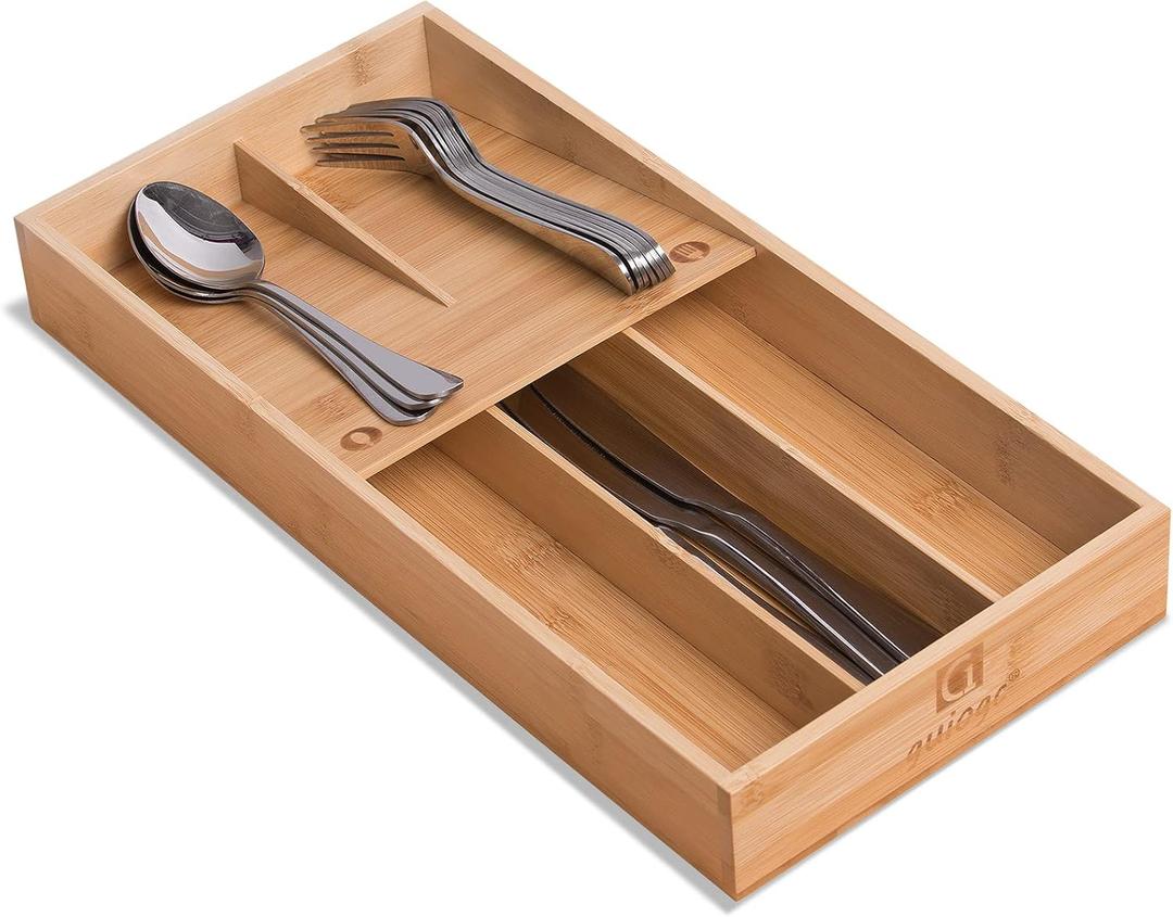 guiogc Bamboo Silverware Organizer, Kitchen Silverware Drawer Organizer, Utensil Tray Holder, Cutlery Tray for Spoons, Forks, Knives (Double Layer-Medium)