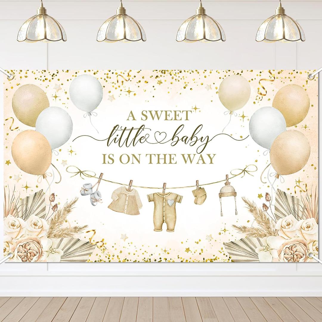 Avezano Boho Baby Shower Banner Neutral Gold Baby Shower Party Decorations A Sweet Little Baby is On The Way Banner for Neutral New Baby Party, Gender Reveal Party Decor 70.8 x 43.3 Inch