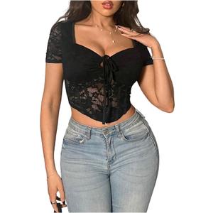 Women's Floral Print Crop Tops Summer Tie Front Short Sleeve Asymmetrical Cute Tees Shirt (Black, S)