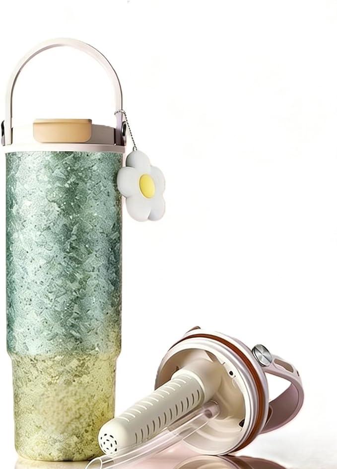 30oz/880ml Titanium Tumbler with straw lid & tea infuser,Leakproof Water Bottle for Hot & Cold Drinks,Insulated Coffee Thermos (Yellow cyan ripple)