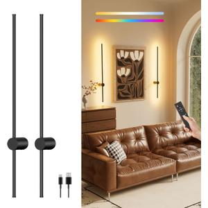 Rechargeable Battery Operated Wall Sconce Set of 2, Dimmable LED Wall Lamps with Remote Control, Wireless Wall Lights for Bedroom, Living Room, Hallway, 40-Inch, Black, 2 Pack