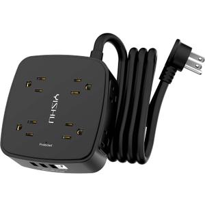 6 Ft Surge Protector Power Strip - 8 Widely Outlets with 4 USB Ports, 3 Side Outlet Extender with 6 Feet Extension Cord, Flat Plug, Wall Mount, Desk USB Charging Station, ETL, Black