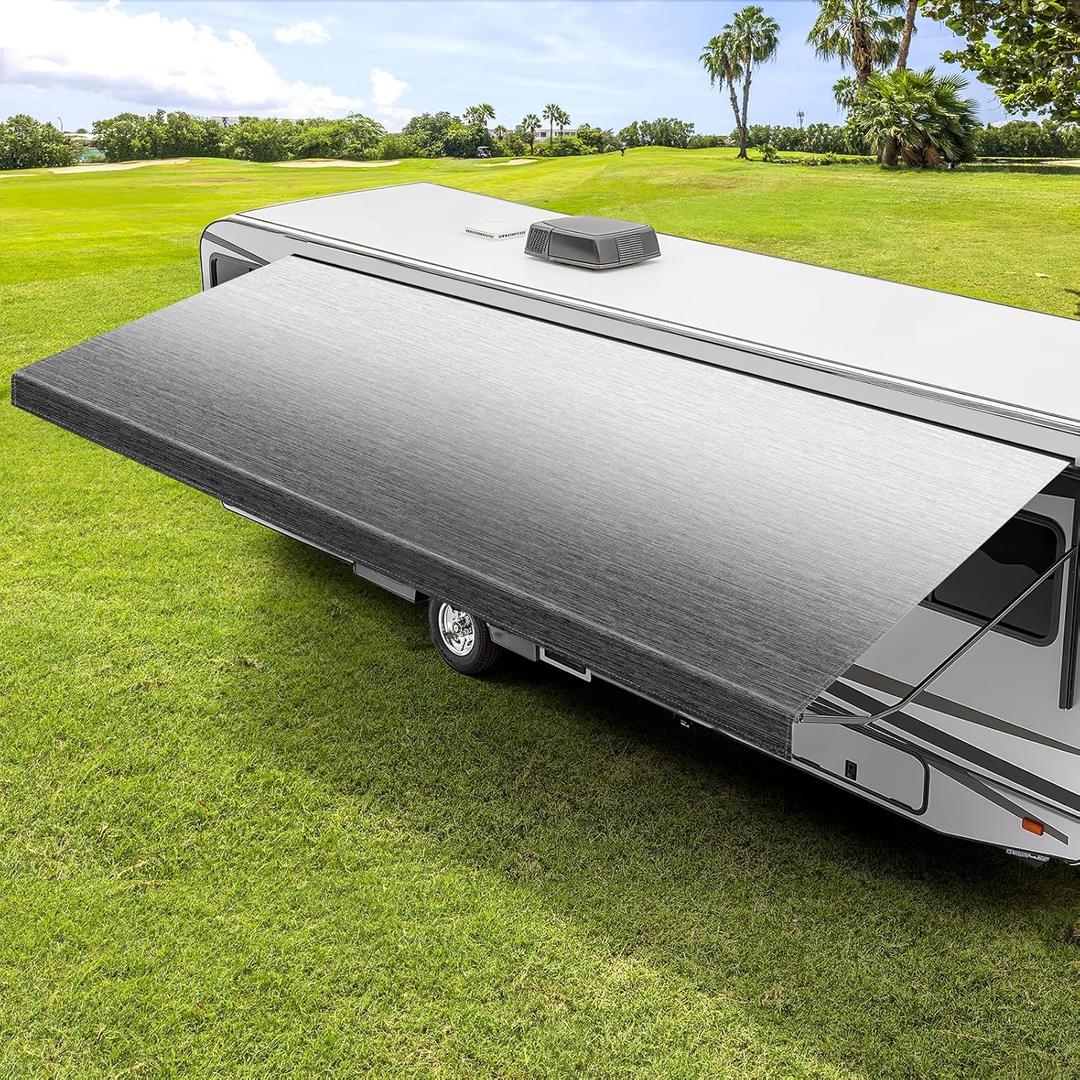 Tsumbay RV Awning Fabric Replacement, 18.5oz Heavy-Duty Weatherproof Anti-UV Vinyl Awning Fabric for Outdoor Camper & Trailer and Motorhome 15'(Fabric 14'2"), Gray Fade